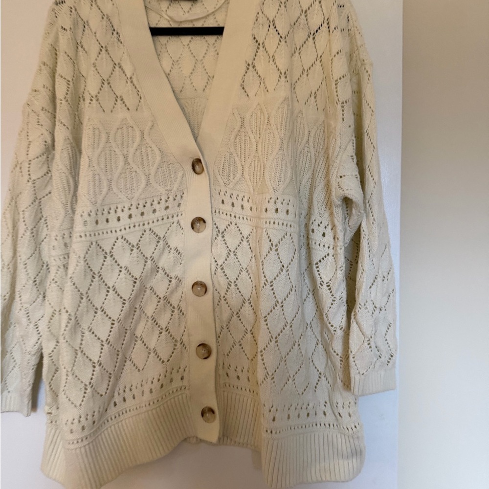 Lane Bryant Cream Open Knit Button Cardigan